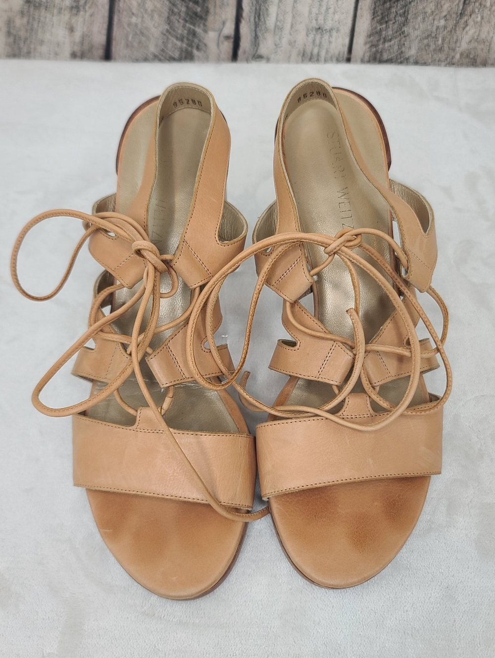 Stuart Weitzman Tie Girl Bingo Strappy Leather Lace Up Block Heel Sandal Tan
